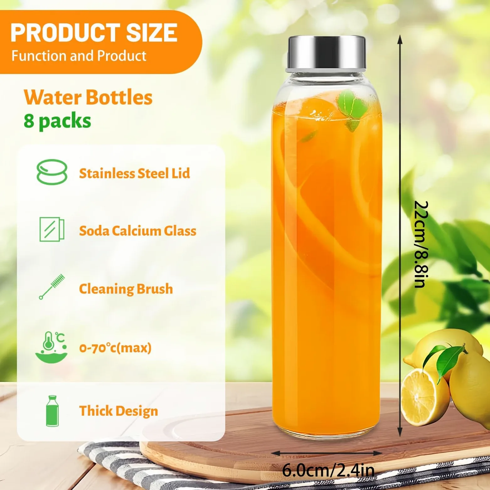 Eidoct 8 bottiglie d'acqua in vetro con coperchio, 500 ml, riutilizzabili, a prova di perdite, bottiglie in vetro trasparente per succhi, barattoli per salse, bevande calde e fredde, latte, con