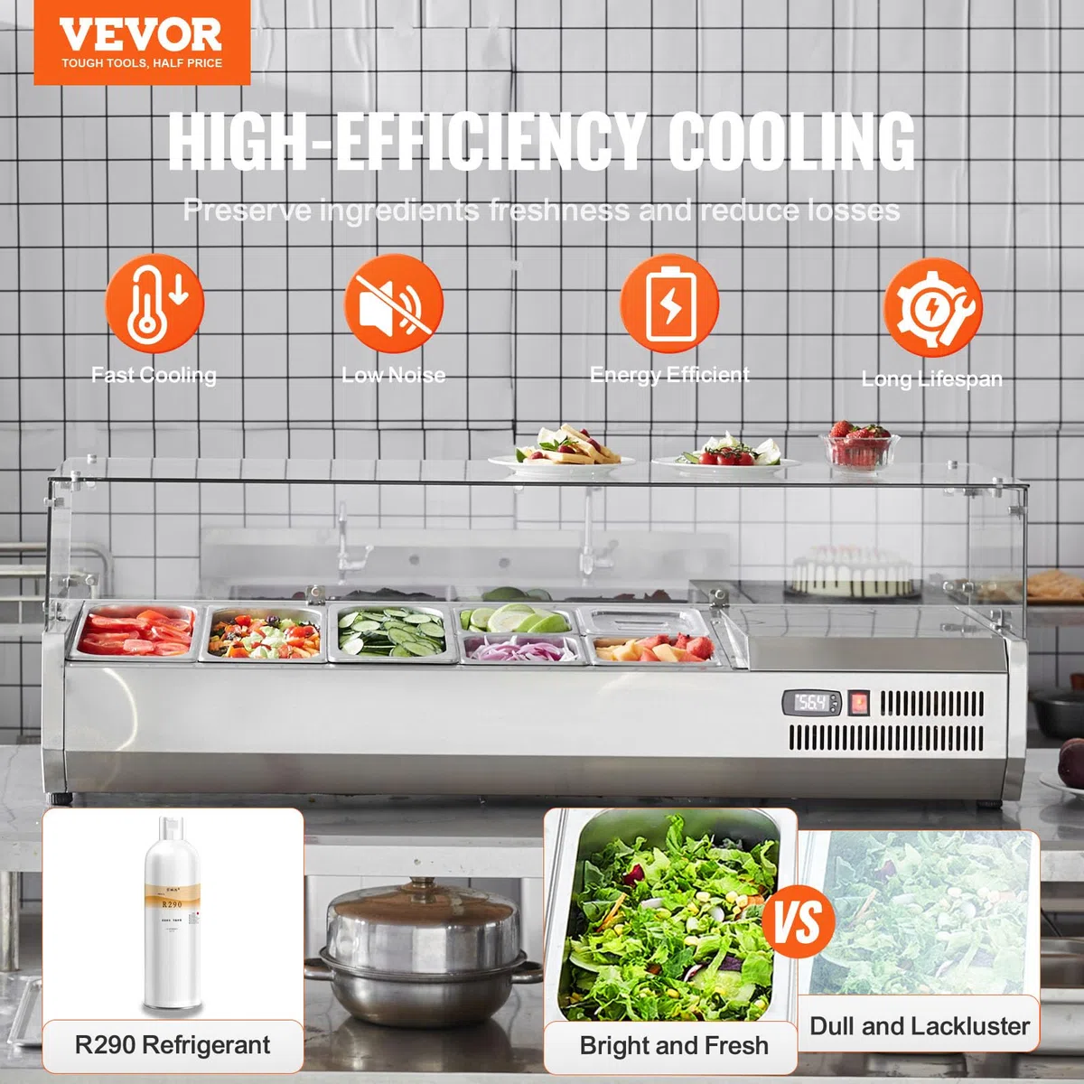VEVOR Stazione di Preparazione Refrigerata per Condimenti da Banco 150 W Stazione di Preparazione per Frigorifero con 3 Vaschette 1/3, 4 Vaschette 1/6, Corpo in Acciaio Inossidabile 304, Coperchio PC