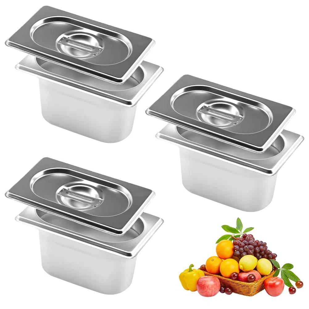 Set di 3 vassoi in acciaio inox con coperchio, contenitore GN 1/9, 17,5 x 11 x 10 cm, rettangolare, contenitore in metallo per cotolette, carne, pesce, panierstrasse, catering e buffet