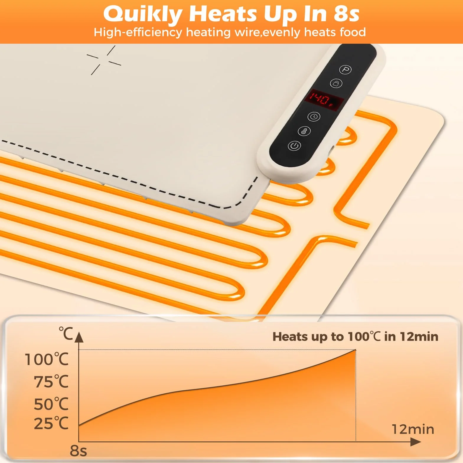 Scaldapiatti Elettrico Portatile in Silicone, 60 x 37,8 cm, 6 Livelli di Temperatura, 24 Timer, Impermeabile per Buffet e Pasti di Famiglia