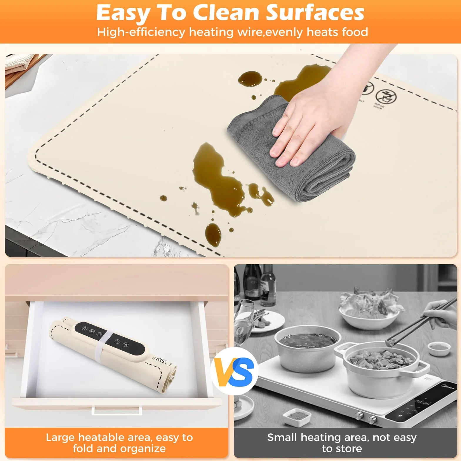 Scaldapiatti Elettrico Portatile in Silicone, 60 x 37,8 cm, 6 Livelli di Temperatura, 24 Timer, Impermeabile per Buffet e Pasti di Famiglia