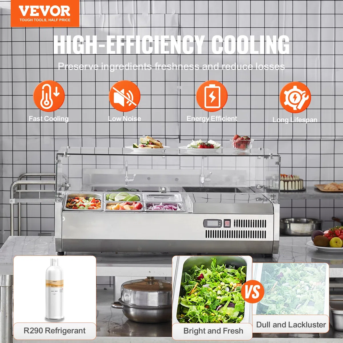 VEVOR Stazione di Preparazione Refrigerata per Condimenti da Banco 140 W Stazione di Preparazione per Frigorifero con 1 Vaschetta 1/3, 4 Vaschette 1/6, Corpo in Acciaio Inossidabile 304, Coperchio PC