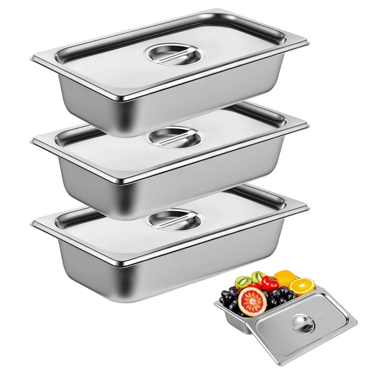 Set di 3 vaschette da panier, 32,5 x 17,5 x 6,5 cm, in acciaio inox GN 1/3, contenitore per gas in acciaio inox con coperchio, in metallo Panierstrasse rettangolare, panierstrasse per braciole