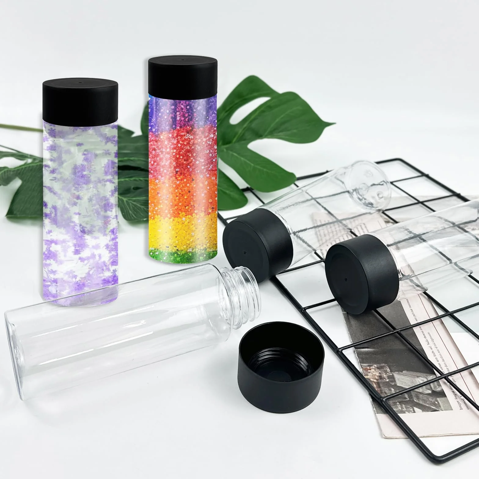 24 bottiglie sensoriali con coperchio, 300 ml, a prova di perdite, in plastica trasparente, riutilizzabili, vuote, per artigianato sensoriale, in classe, fatte a mano, forniture per feste