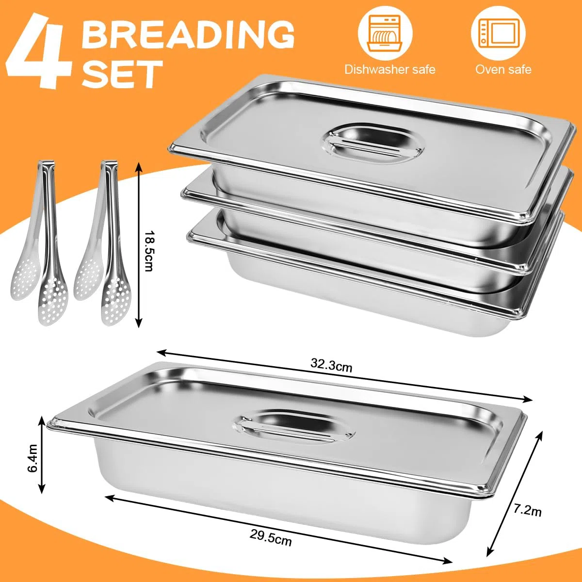4 Set Ciotole per Impanare con 2 Pinze da Buffet, Contenitori GN con Coperchio Vassoi in Acciaio Inox con Coperchio 32.5*17.5*6.5cm Vassoio Rettangolare Portabile Teglie da Forno in Acciaio