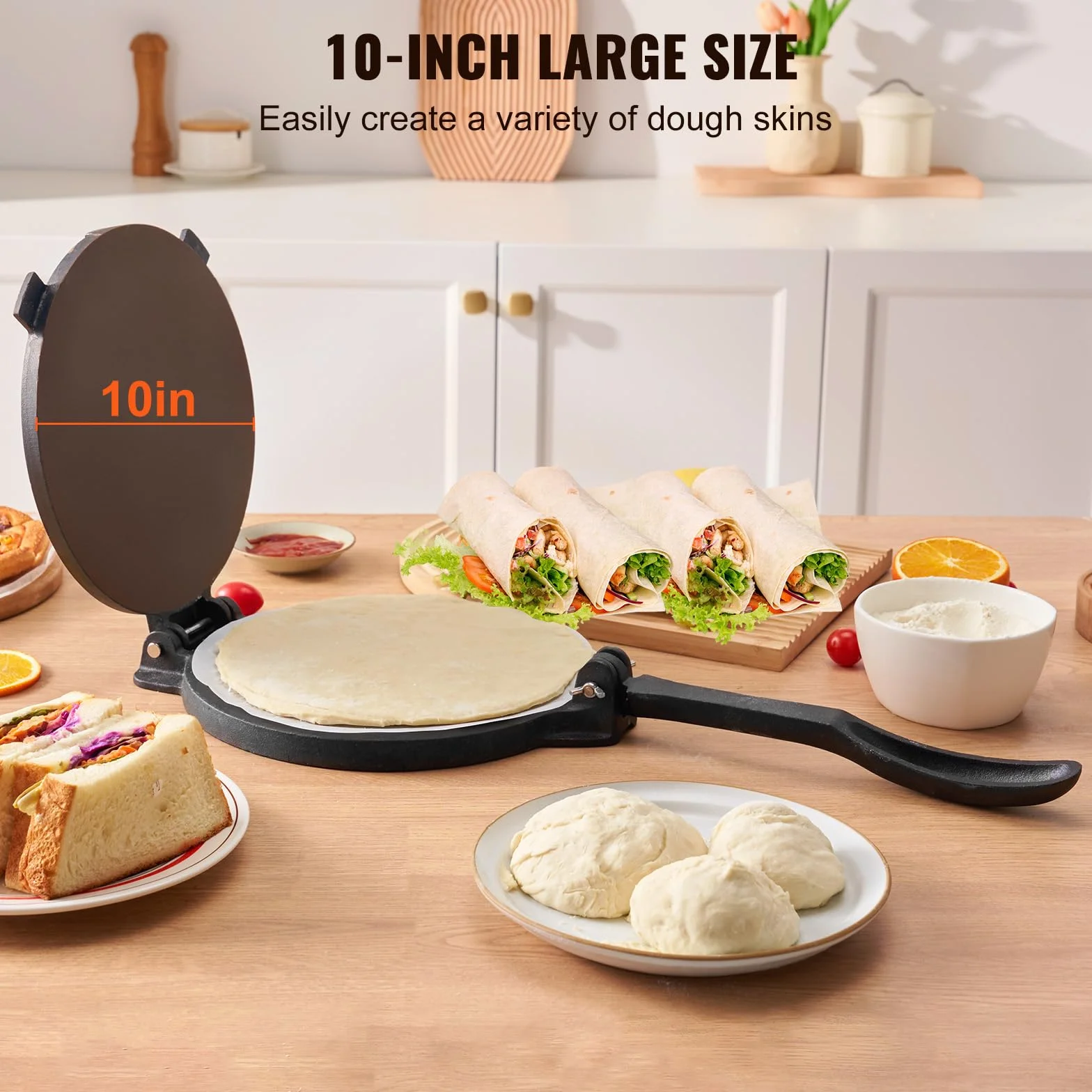 VEVOR Pressa Manuale per Tortilla, Pressa per Taco Diametro 25 cm, Pressa per Tortilla Piadine in Ghisa, Pressa Manuale per Tortilla con 100 Pezzi di Carta da Forno, Macchina per Impasto di Tortilla