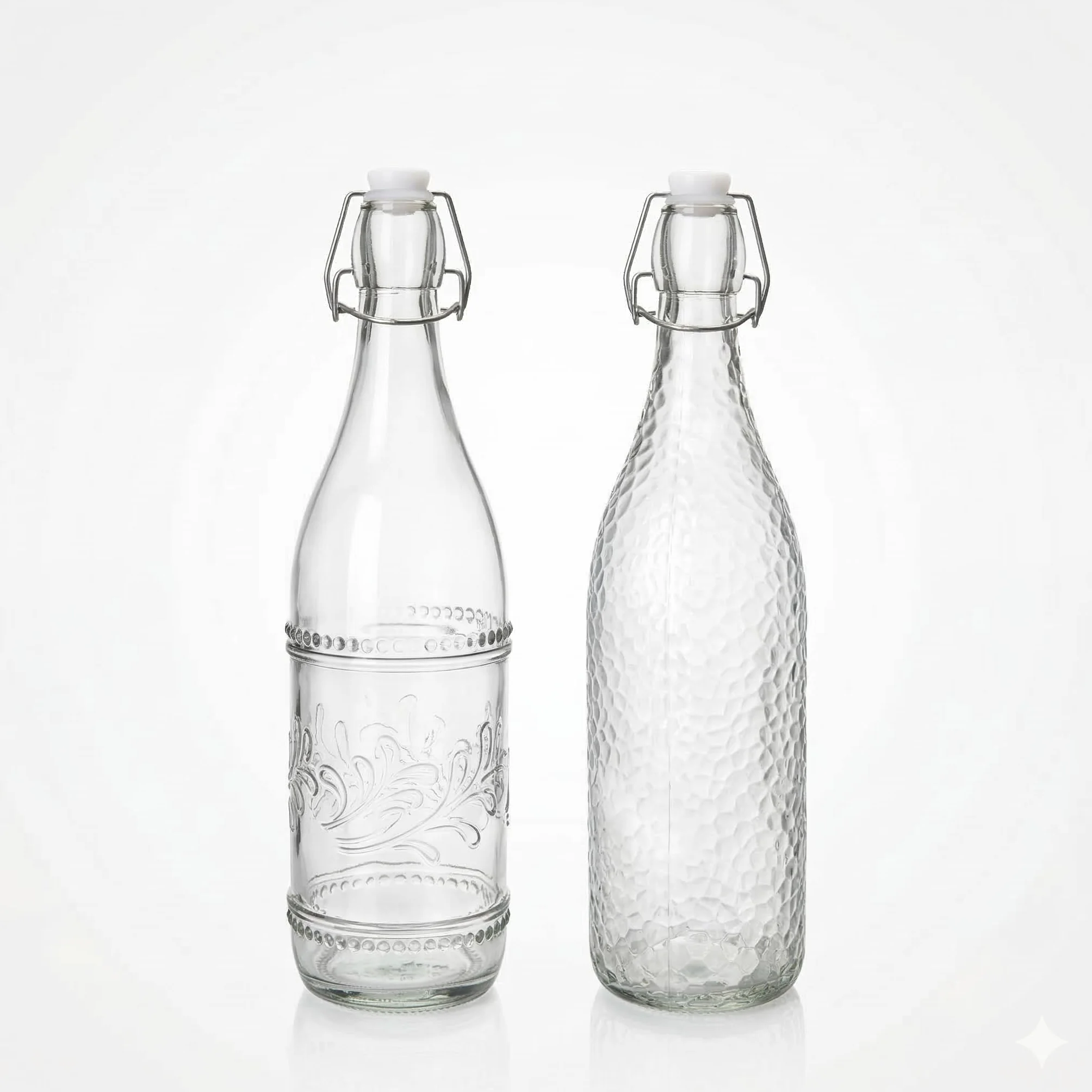 Bottiglie Decorative in Vetro con Chiusura Ermetica a Scatto, Set da 2, Design Floreale e Martellato, 9x31cm e 8x31cm, per Acqua e Bevande