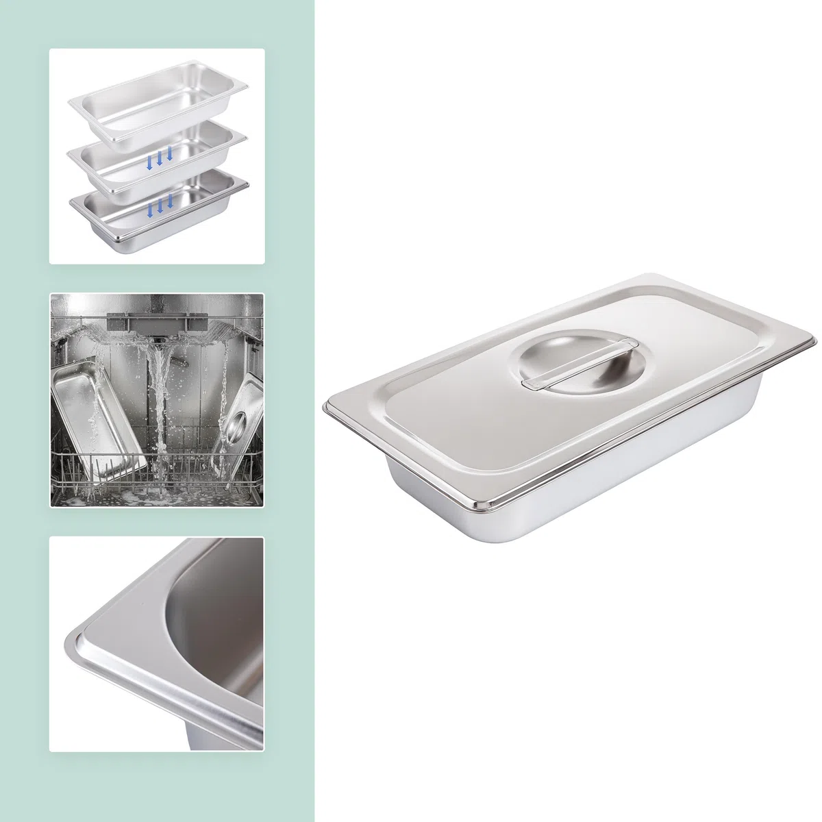 Relaxdays Set 3 contenitori Gastronorm GN 1/3 in Acciaio Inox con Coperchio, 6,5x32,5x17,6 cm, Argento