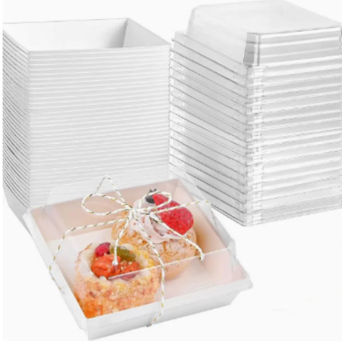 OUKEYI Set da 50 scatole per sandwich con coperchio trasparente, per torte, per muffin, formaggio, pasticceria, dessert, sushi, frutta, espositore per alimenti (carta kraft bianca)
