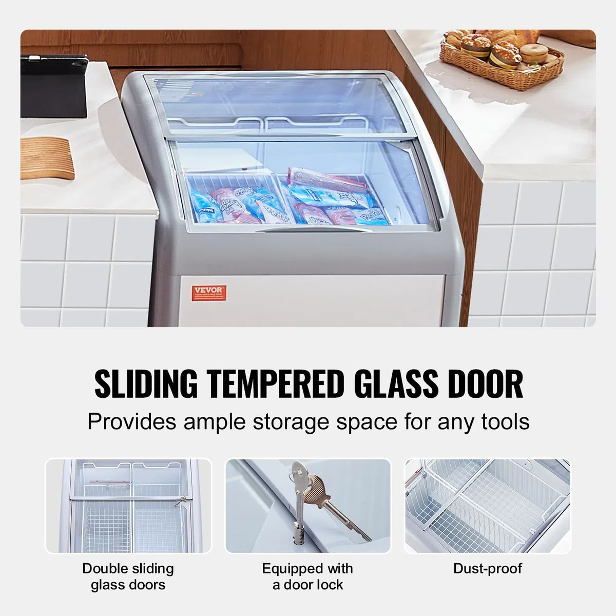 VEVOR Vetrina per Gelato Commerciale 665 x 705 x 875 mm Congelatore Mobile 154 L Vetrina per Gelateria con Piano Vetro, 2 Cestelli Metallici, 2 Porte Scorrevoli in Vetro, Ruote di Bloccaggio, Bianco