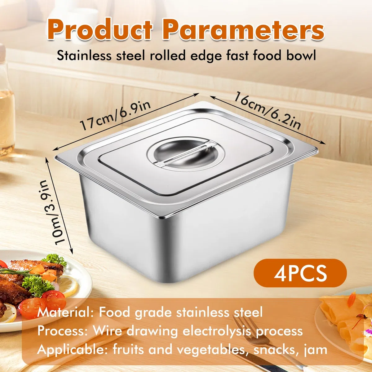 Set di 4 contenitori per gas in acciaio inox con coperchio, rettangolare, contenitore GN 1/6, 17,5 x 16,5 x 10 cm