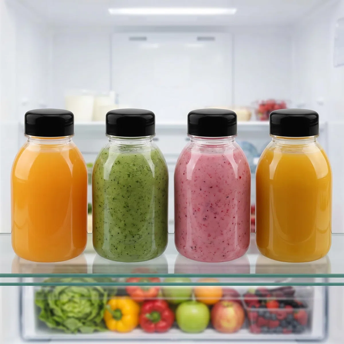 Confezione da 30 contenitori trasparenti riutilizzabili da 250 ml per succhi, latte e altre bevande, in plastica trasparente con coperchio nero, bottiglie vuote per succhi di frutta in PET