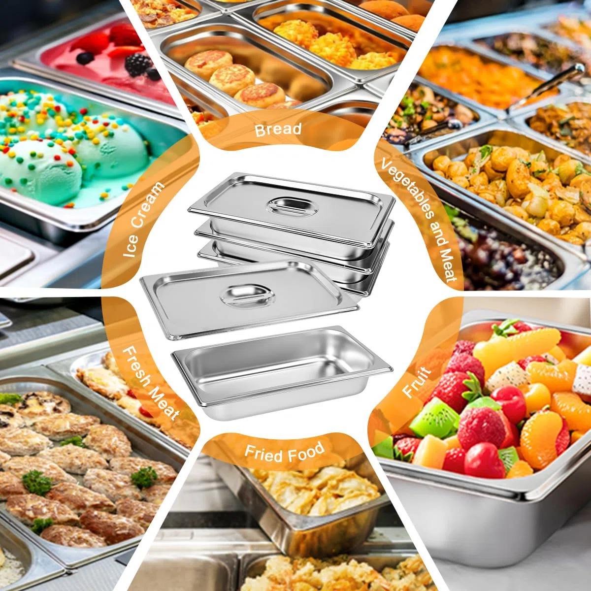 4 Set Ciotole per Impanare con 2 Pinze da Buffet, Contenitori GN con Coperchio Vassoi in Acciaio Inox con Coperchio 32.5*17.5*6.5cm Vassoio Rettangolare Portabile Teglie da Forno in Acciaio