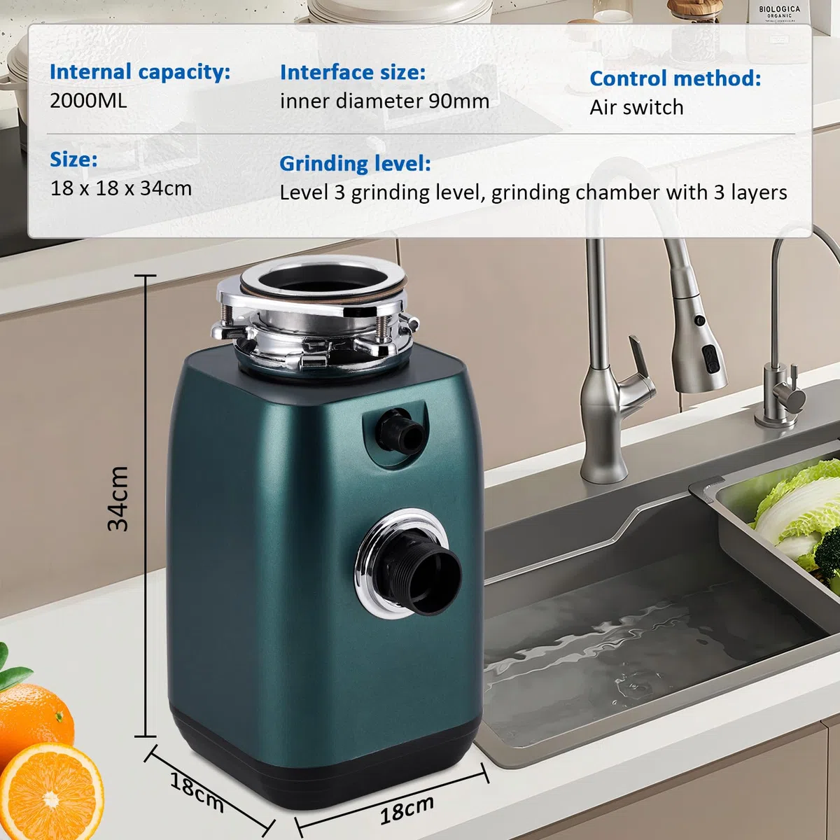 BAOSHISHAN 600W cucina smaltitore rifiuti Cucina Sminuzzatore lavello con interruttore a pulsante 3800 giri al minuto per lavello della cucina
