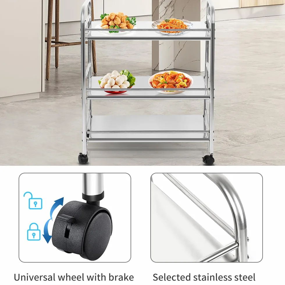 OHMG Carrello di servizio per cucina con ruote, 3 vassoi, in acciaio inox, per dessert, cucina, scaffali di stoccaggio, carrello di servizio ristorante (61 x 36 x 75 cm)