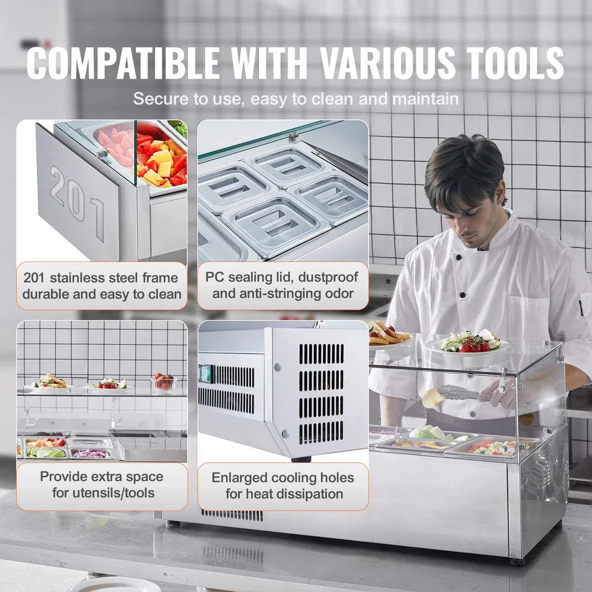 VEVOR Stazione di Preparazione Refrigerata per Condimenti da Banco 140 W Stazione di Preparazione per Frigorifero con 1 Vaschetta 1/3, 4 Vaschette 1/6, Corpo in Acciaio Inossidabile 304, Coperchio PC