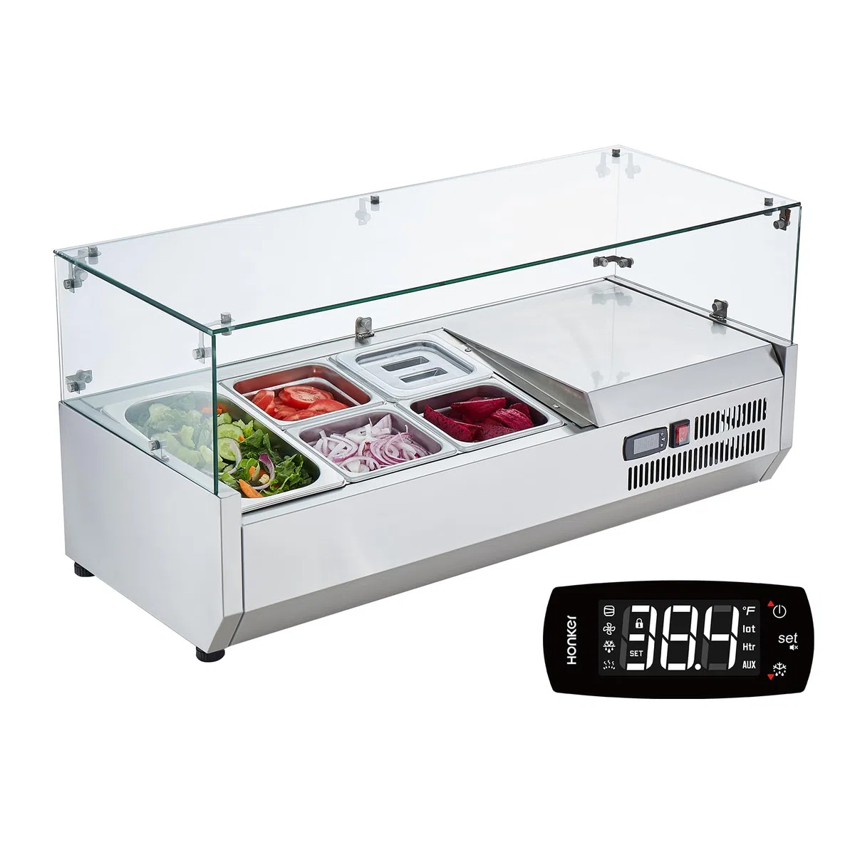 VEVOR Stazione di Preparazione Refrigerata per Condimenti da Banco 140 W Stazione di Preparazione per Frigorifero con 1 Vaschetta 1/3, 4 Vaschette 1/6, Corpo in Acciaio Inossidabile 304, Coperchio PC