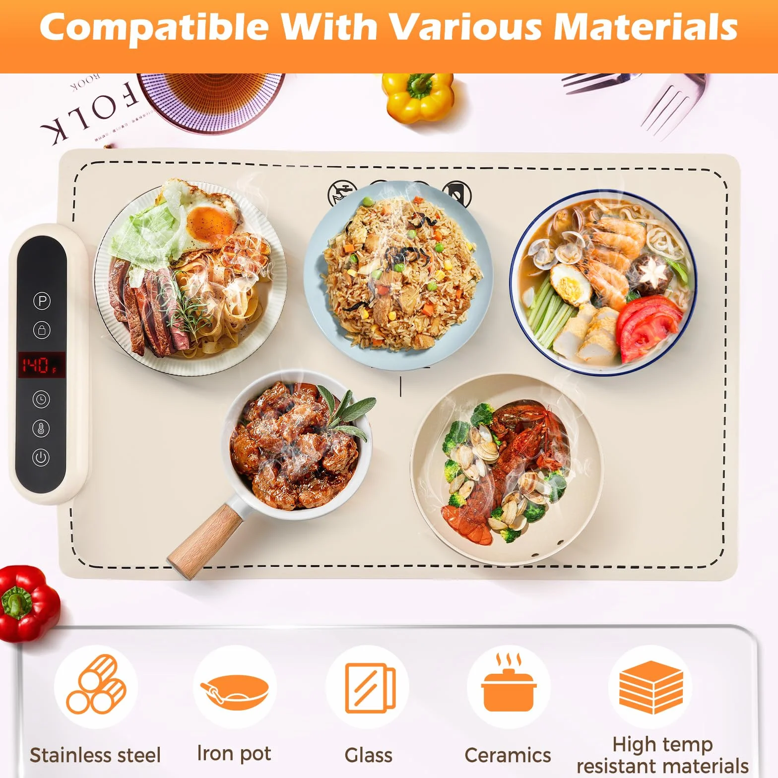 Scaldapiatti Elettrico Portatile in Silicone, 60 x 37,8 cm, 6 Livelli di Temperatura, 24 Timer, Impermeabile per Buffet e Pasti di Famiglia