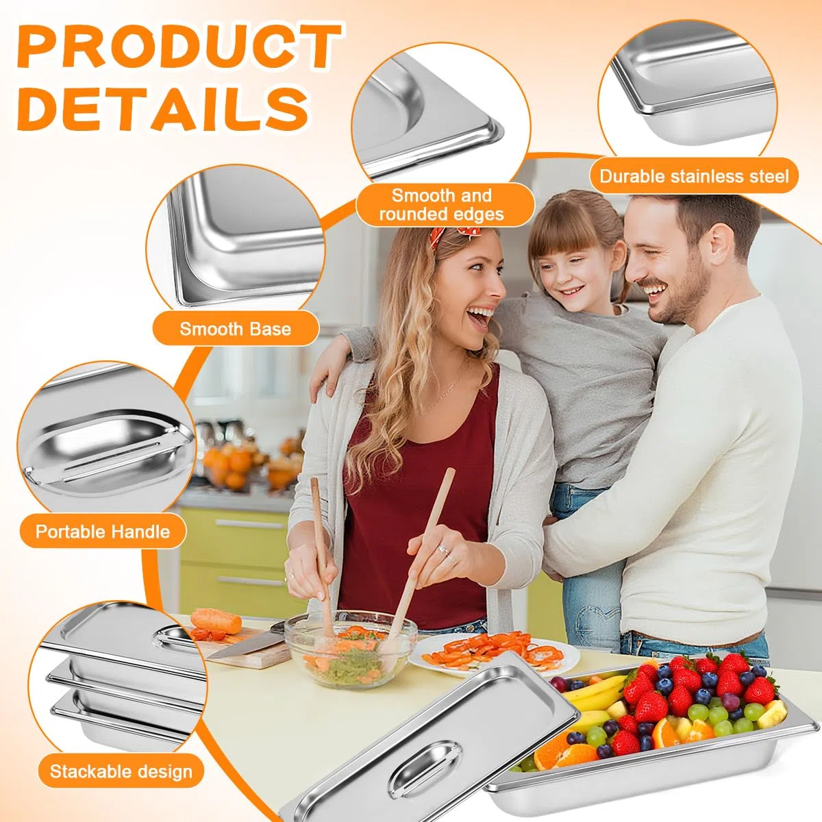 4 Set Ciotole per Impanare con 2 Pinze da Buffet, Contenitori GN con Coperchio Vassoi in Acciaio Inox con Coperchio 32.5*17.5*6.5cm Vassoio Rettangolare Portabile Teglie da Forno in Acciaio