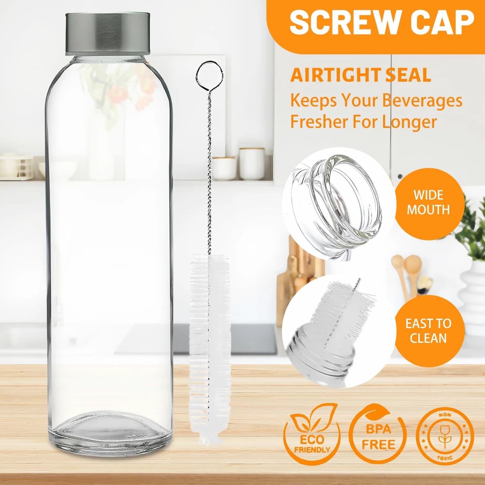 Eidoct 8 bottiglie d'acqua in vetro con coperchio, 500 ml, riutilizzabili, a prova di perdite, bottiglie in vetro trasparente per succhi, barattoli per salse, bevande calde e fredde, latte, con