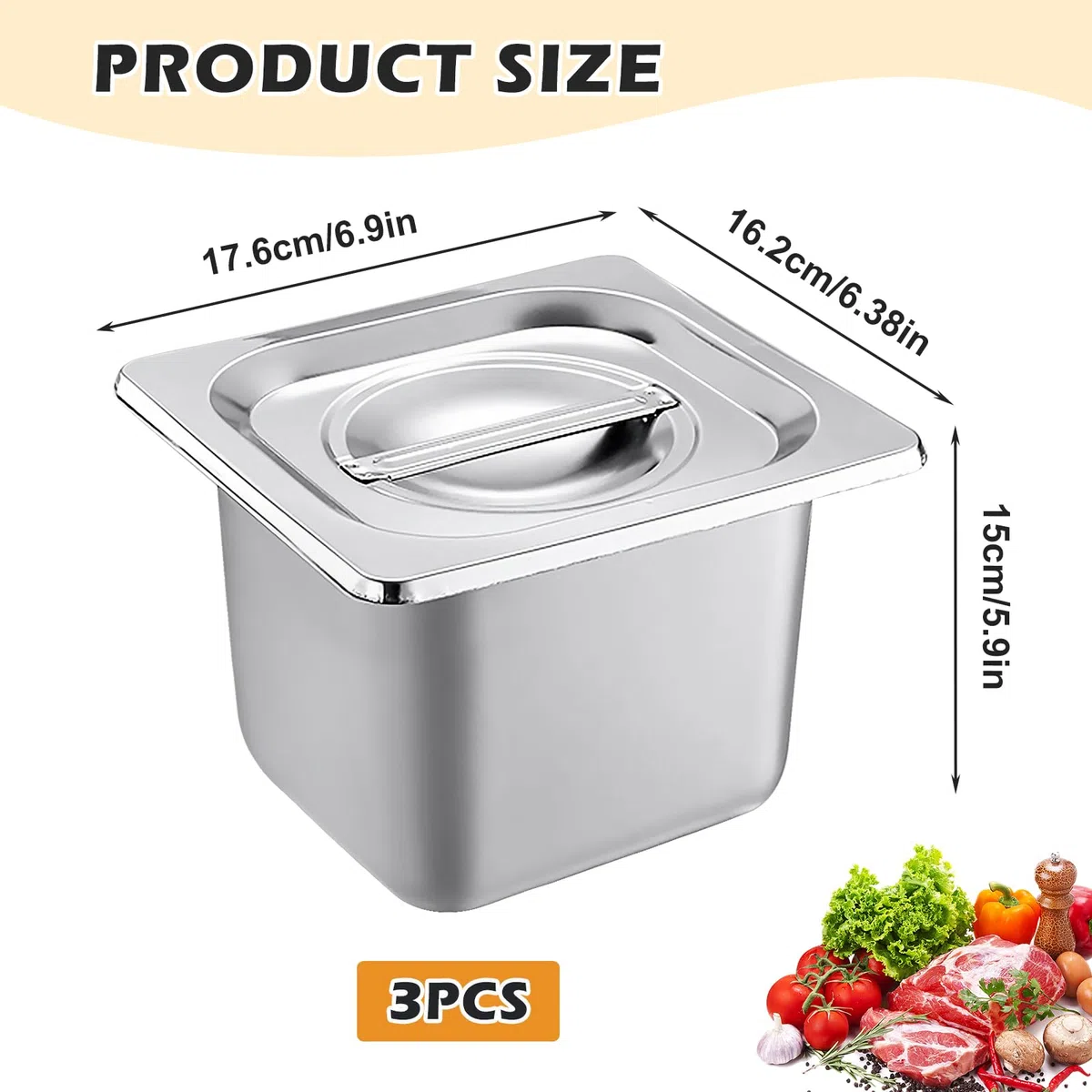 Set di 3 contenitori GN 1/6 – Contenitori per gastronomia in acciaio inox con coperchio – resistenti al calore, alimentari e ideali per cucina, buffet e catering