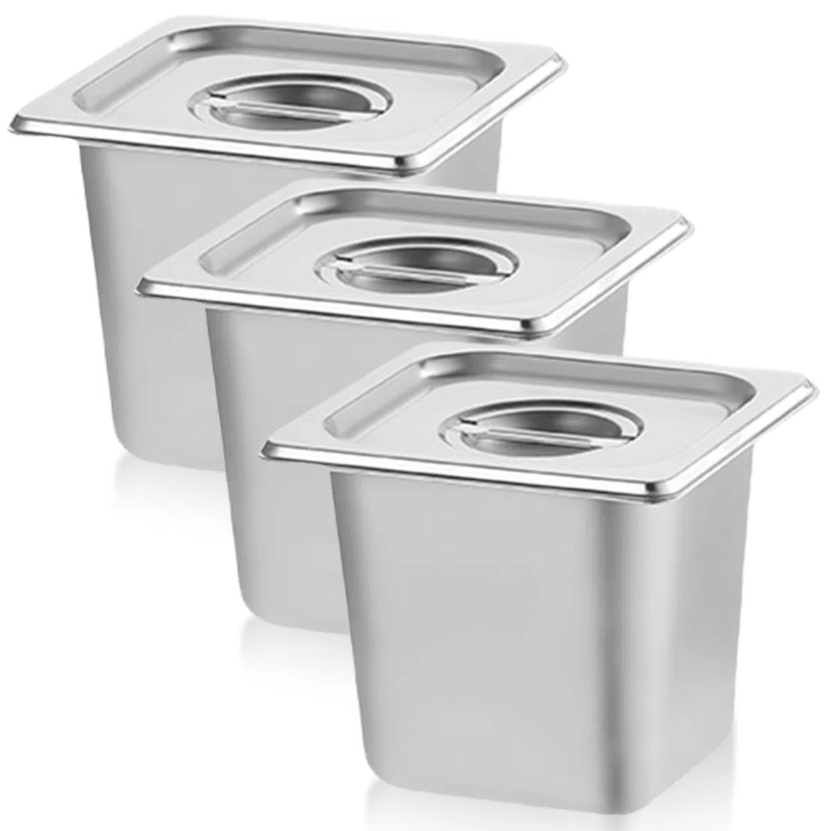 GOMETY 3 contenitori in acciaio inox 1/6 con coperchio, 17,6 x 16,2 x 10 cm, profondità padelle per hotel, altezza 100 mm, contenitore per alimenti, impilabile, contenitore per alimenti resistente al