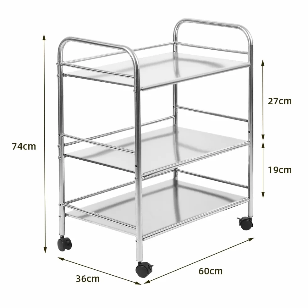 OHMG Carrello di servizio per cucina con ruote, 3 vassoi, in acciaio inox, per dessert, cucina, scaffali di stoccaggio, carrello di servizio ristorante (61 x 36 x 75 cm)