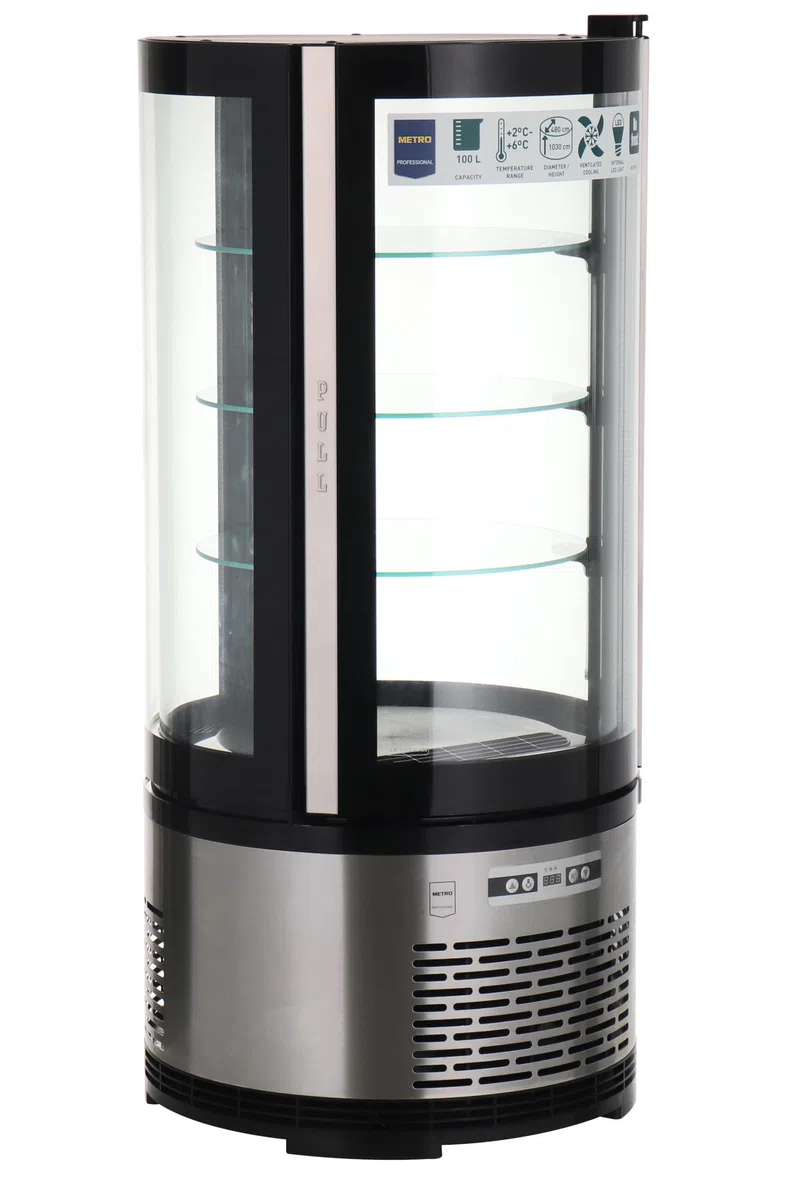 METRO Professional Vetrina Refrigerata per Dolci GRV1100, Acciaio Inox/Vetro, 100L, 210W, Termostato Digitale, 3 Ripiani Regolabili, Luce LED