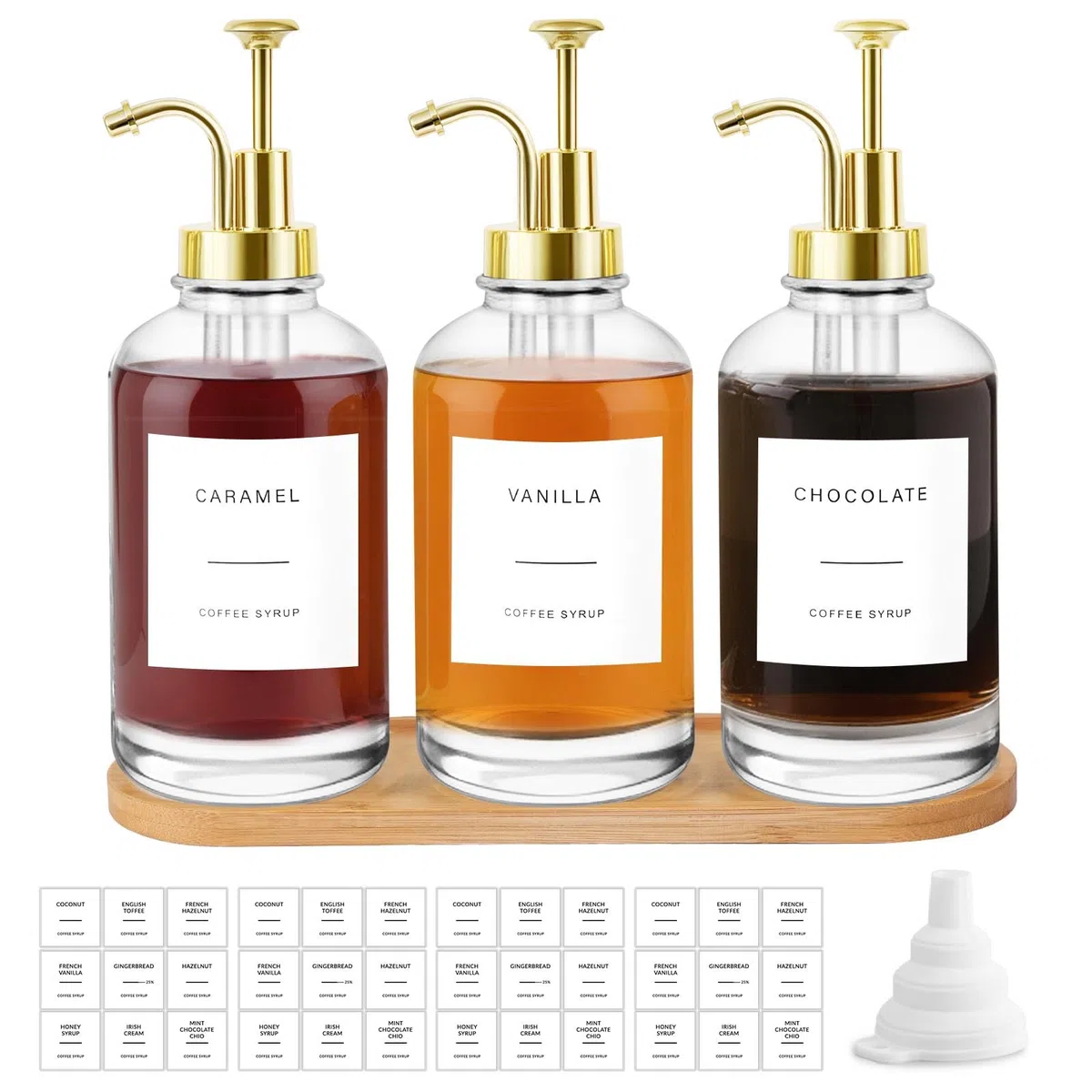 Sunal Confezione da 3 dispenser per sciroppo di caffè, 500 ml, dispenser per sciroppo dorato con vassoio, bottiglie a pompa in vetro con imbuto e 36 etichette per cucina e bar