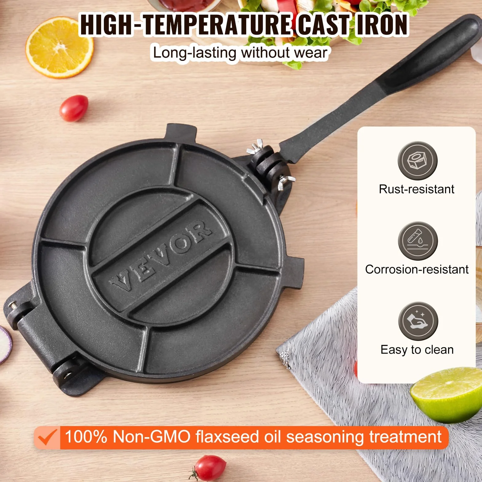 VEVOR Pressa Manuale per Tortilla, Pressa per Taco Diametro 25 cm, Pressa per Tortilla Piadine in Ghisa, Pressa Manuale per Tortilla con 100 Pezzi di Carta da Forno, Macchina per Impasto di Tortilla