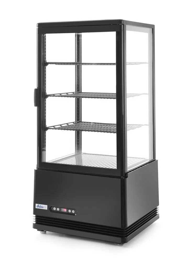 HENDI Vetrina da Esposizione Refrigerata, Sbrinamento Automatico, Sistema Antifog, 3 Ripiani, Illuminazione LED, Classe Energetica C, 78L, 230V, 170W, 452x406x(H)966mm, Nero, ABS, Doppio Vetro
