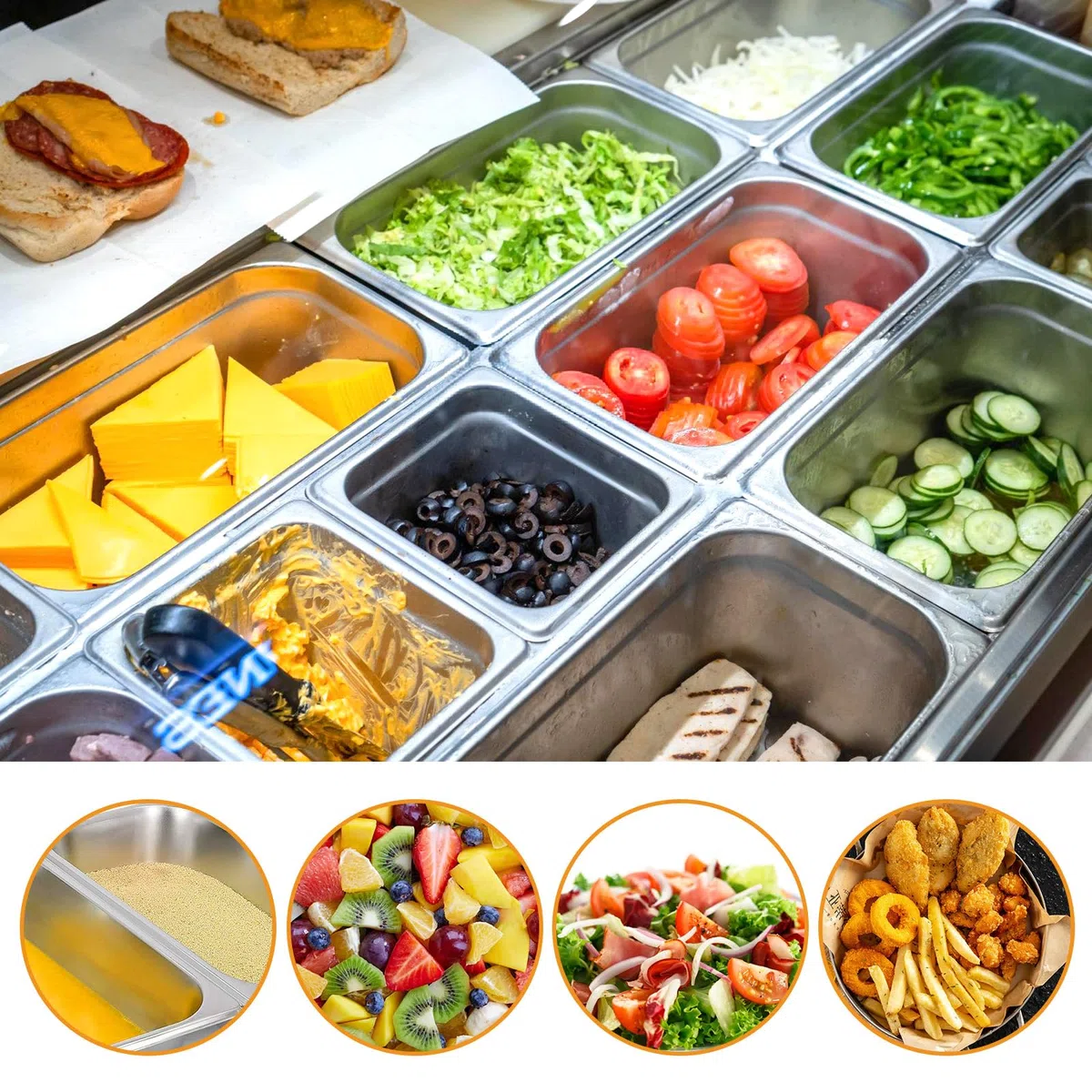 Set di 3 contenitori GN 1/6 – Contenitori per gastronomia in acciaio inox con coperchio – resistenti al calore, alimentari e ideali per cucina, buffet e catering