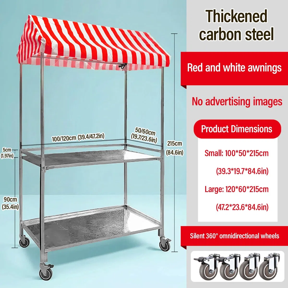 Carrello Da Vendita Mobile Per Esterni Con Tetto A Strisce, Banco Pieghevole Per Street Food, Snack E Bevande, Doppio Ripiano E Ruote Bloccabili, Ideale Per Mercatini Ed Eventi Pop-up