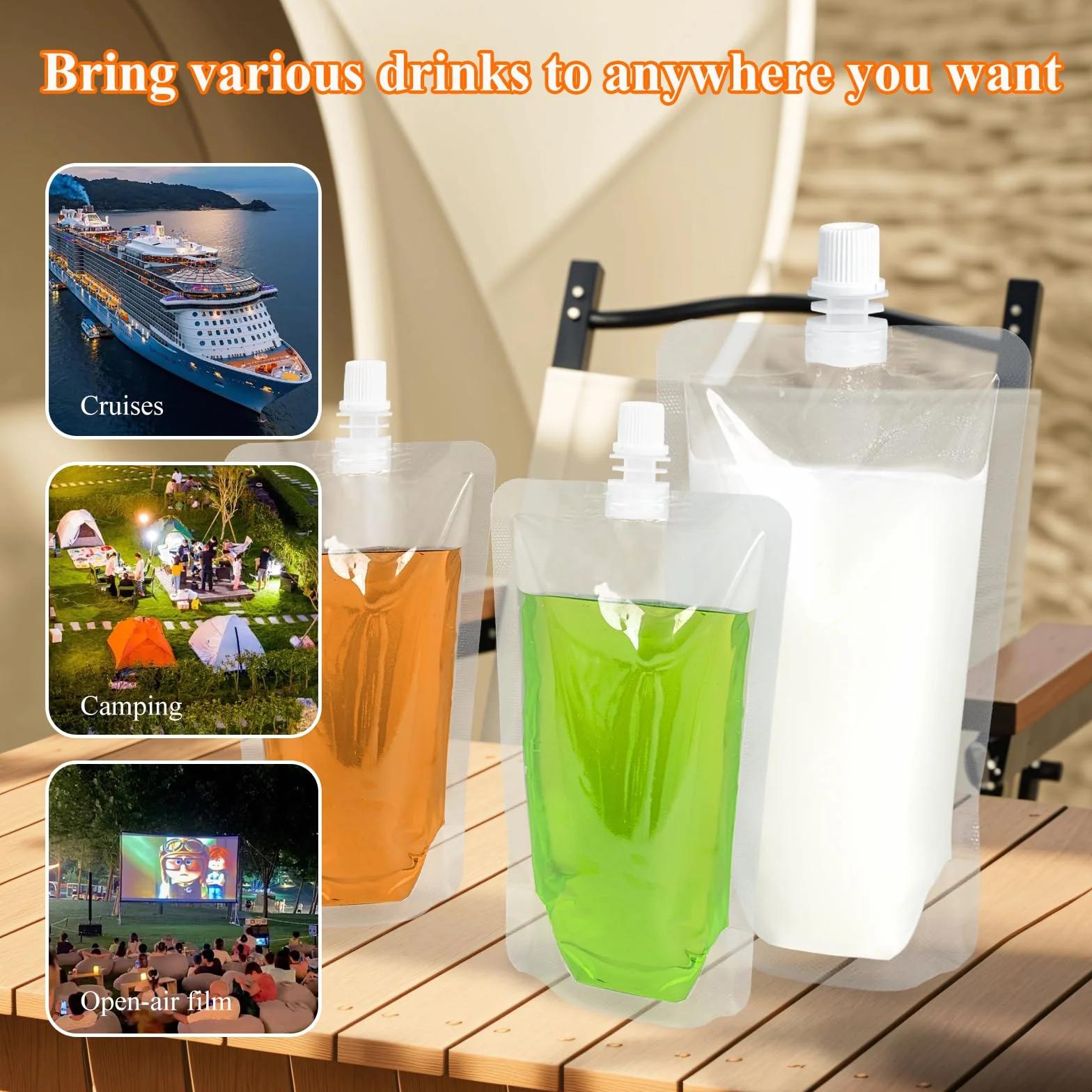 Set di sacchetti trasparenti in plastica, non trattati, a prova di perdite e riutilizzabili, ideali per vino, campeggio, viaggi, festival, feste