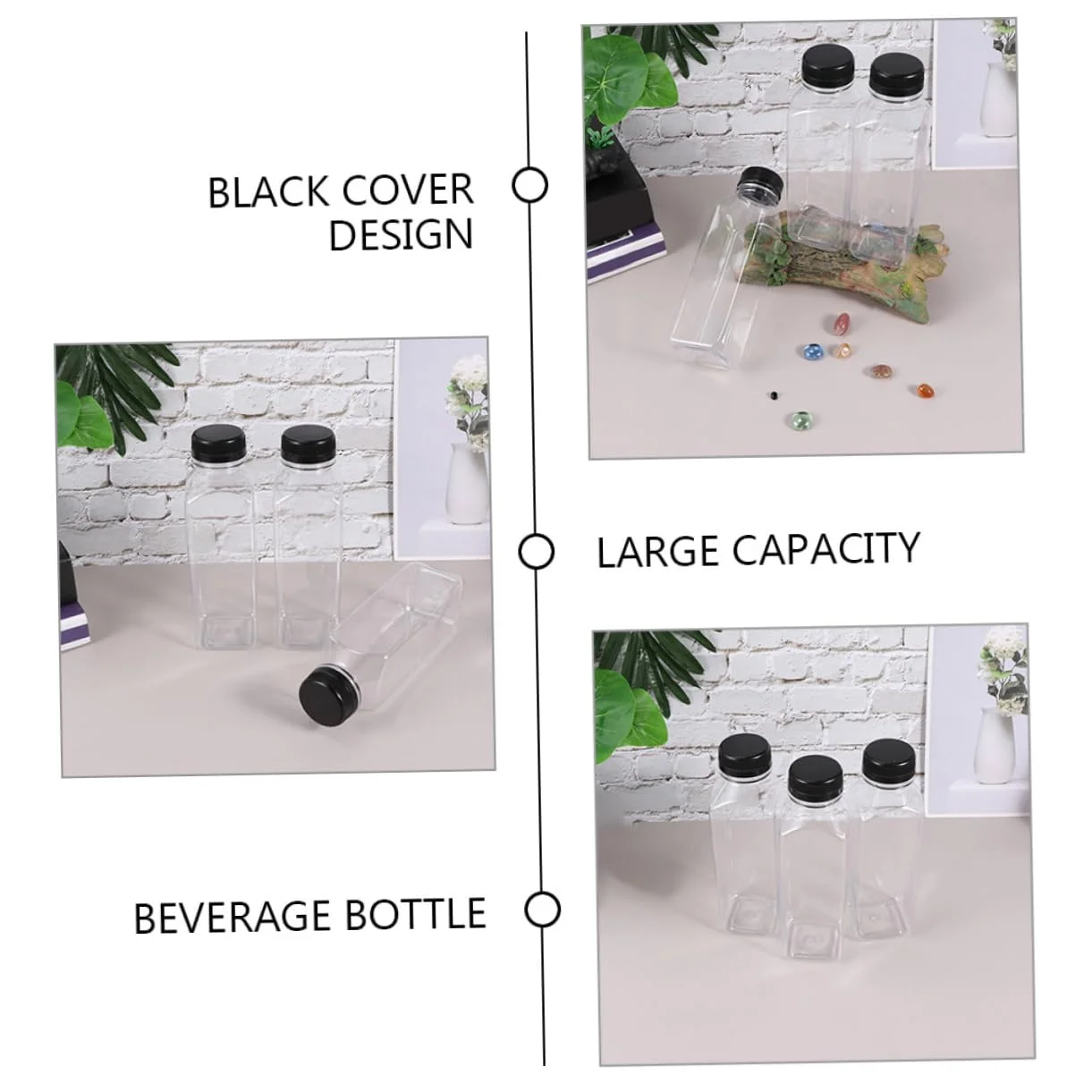 Cabilock 12 Pezzi Bottiglie per Riutilizzabili con Nero in Plastica Trasparente per Bevande Contenitori Vuoti per Succhi e Smoothie Design Minimalista e Sicuro