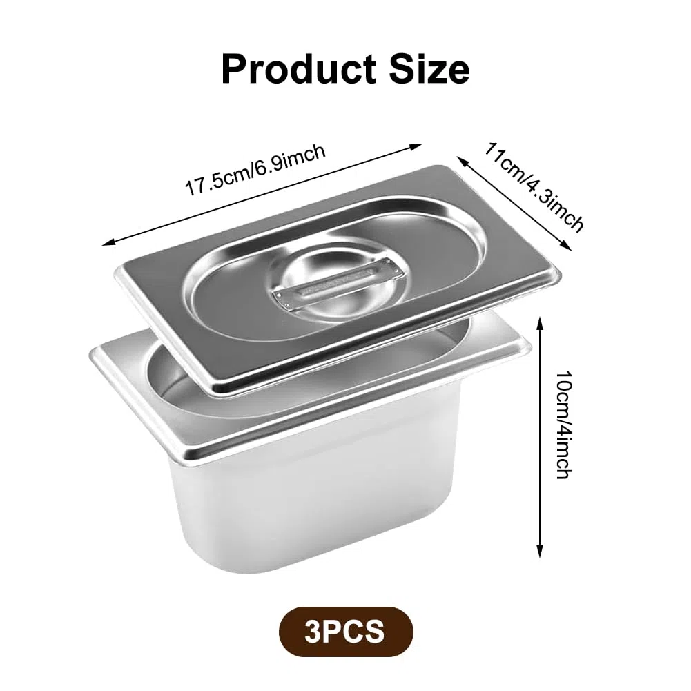 Set di 3 vassoi in acciaio inox con coperchio, contenitore GN 1/9, 17,5 x 11 x 10 cm, rettangolare, contenitore in metallo per cotolette, carne, pesce, panierstrasse, catering e buffet
