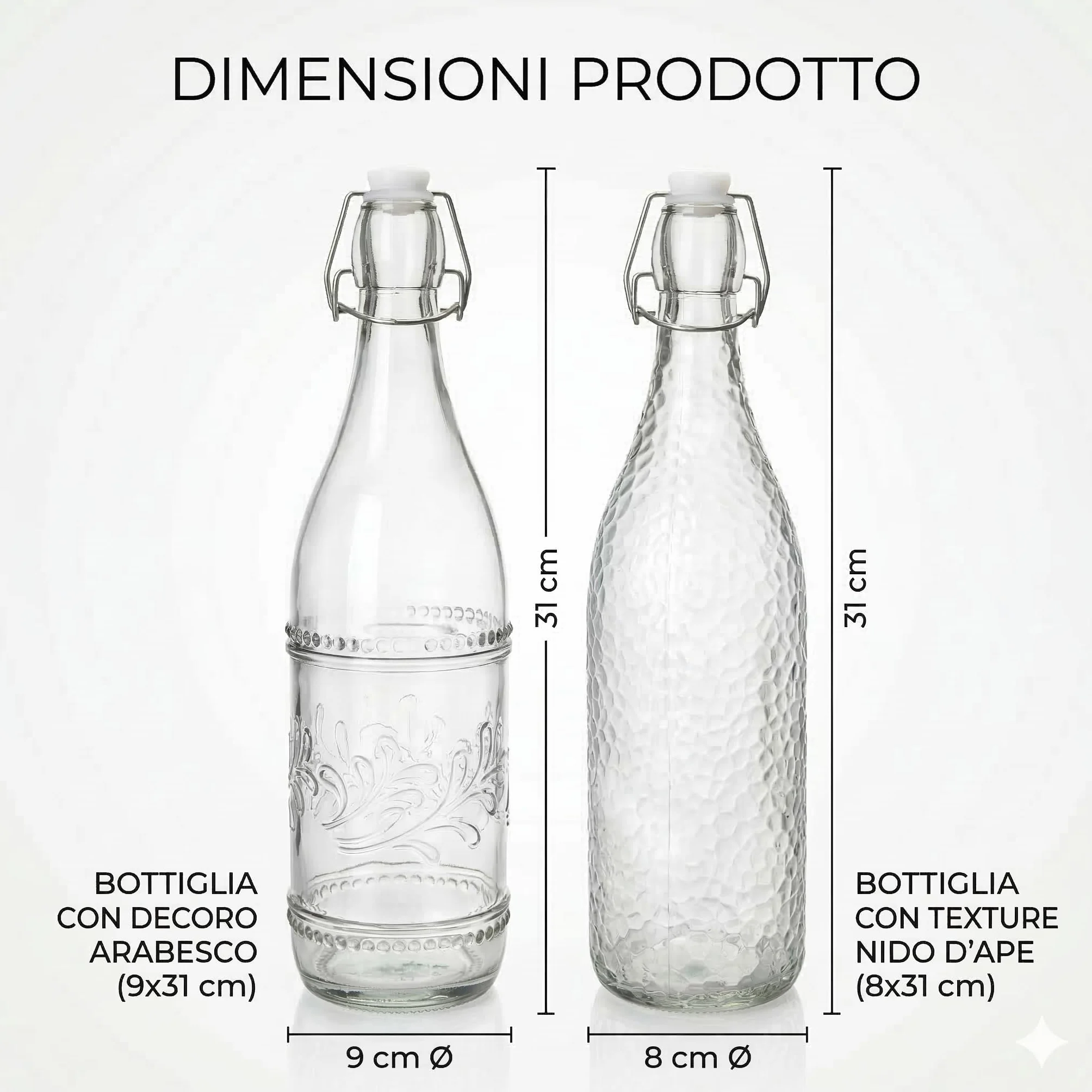 Bottiglie Decorative in Vetro con Chiusura Ermetica a Scatto, Set da 2, Design Floreale e Martellato, 9x31cm e 8x31cm, per Acqua e Bevande