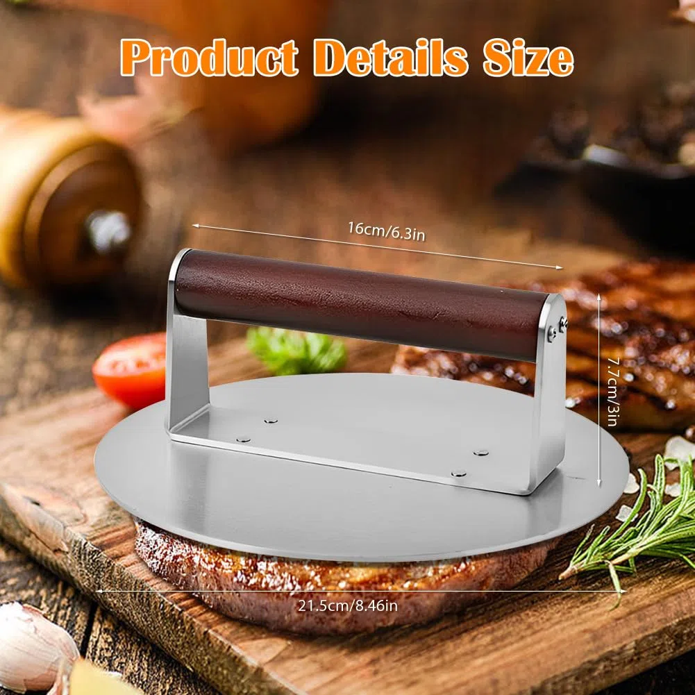 Pressa per hamburger, in acciaio inox con manico in legno, per hamburger, facile da pulire, per griglia piatta, carne, patty, bistecca, bacon, salsiccia, accessori professionali per barbecue (grande)