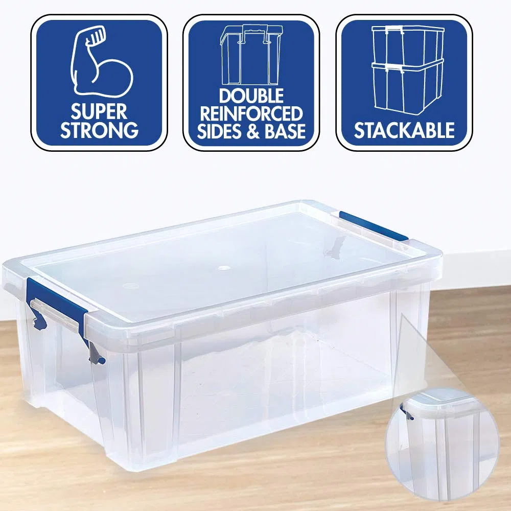 Bankers Box Prostore scatola porta oggetti in plastica con coperchio, 10 litri, impilabile, scatole per armadio super resistenti, dimensioni 14x34x21.5 cm, contenitori plastica trasparente, 1 pezzo