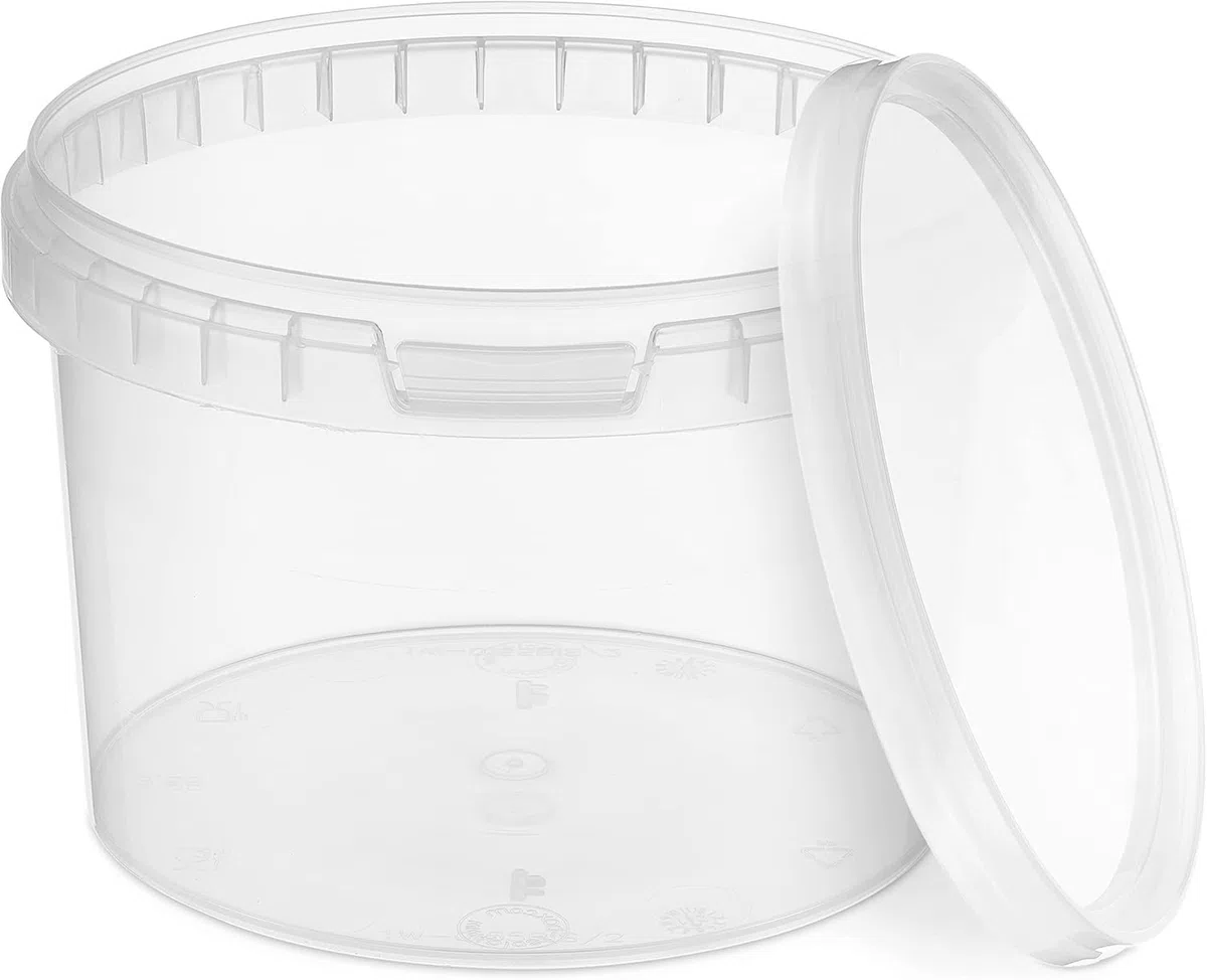 Generico Secchio c/coperchio 4 Formati, trasparente, idoneo al contatto alimenti, ermetico - a prova di perdite - contenitore di plastica - vuoto (1000 ml 25 Pezzi Tondo)
