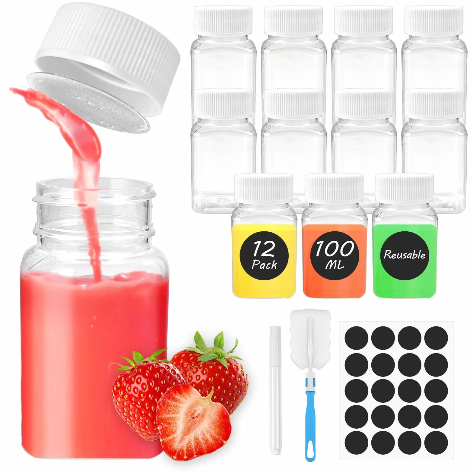 12 Pezzi Piccole Bottiglie per Shot da Riempire, Bottiglie Vuote in Plastica da 60ml/100ml per Smoothie e Succhi, Bottiglie per Shot con Etichetta, Bottiglie per Shot di Zenzero con Coperchio