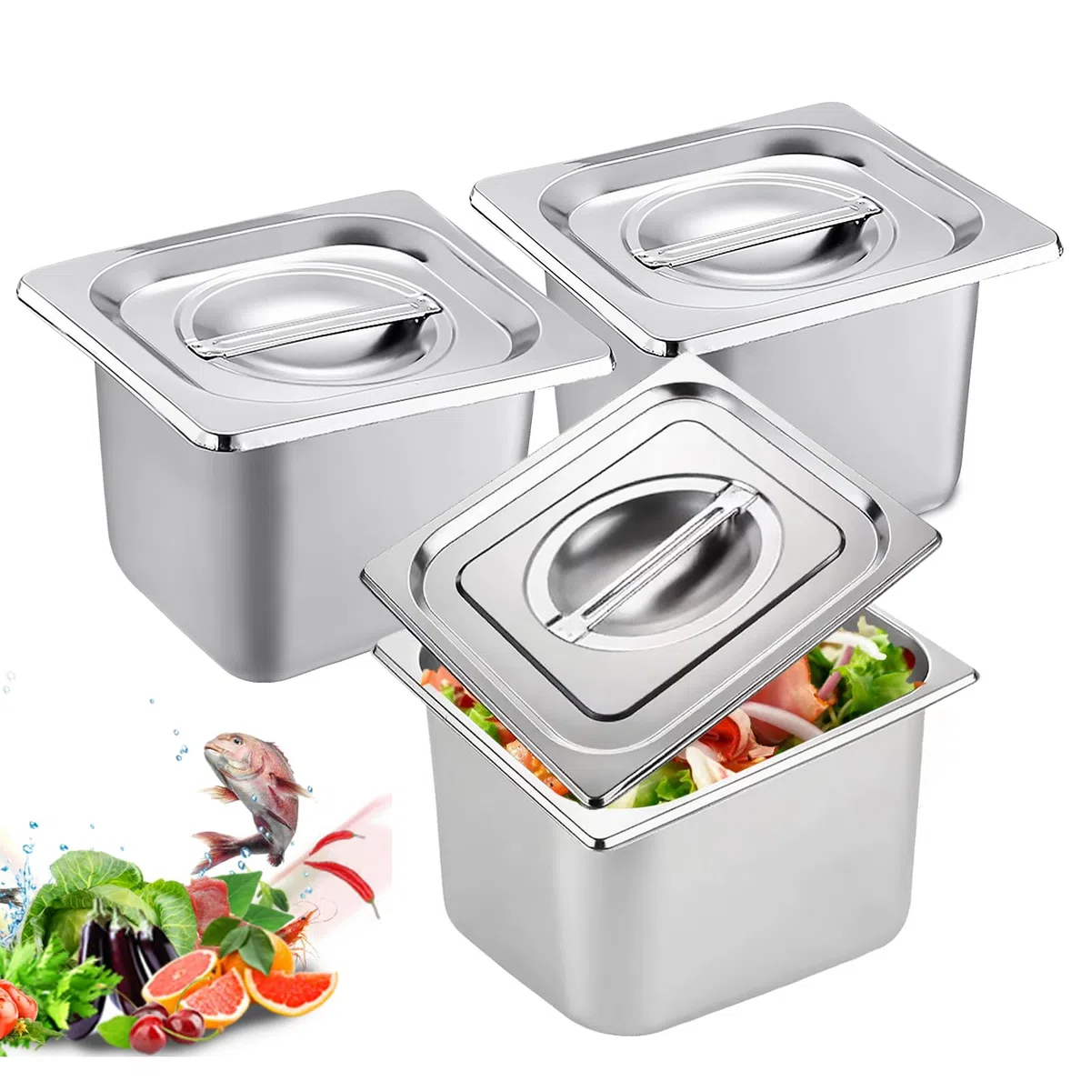 Set di 3 contenitori GN 1/6 – Contenitori per gastronomia in acciaio inox con coperchio – resistenti al calore, alimentari e ideali per cucina, buffet e catering