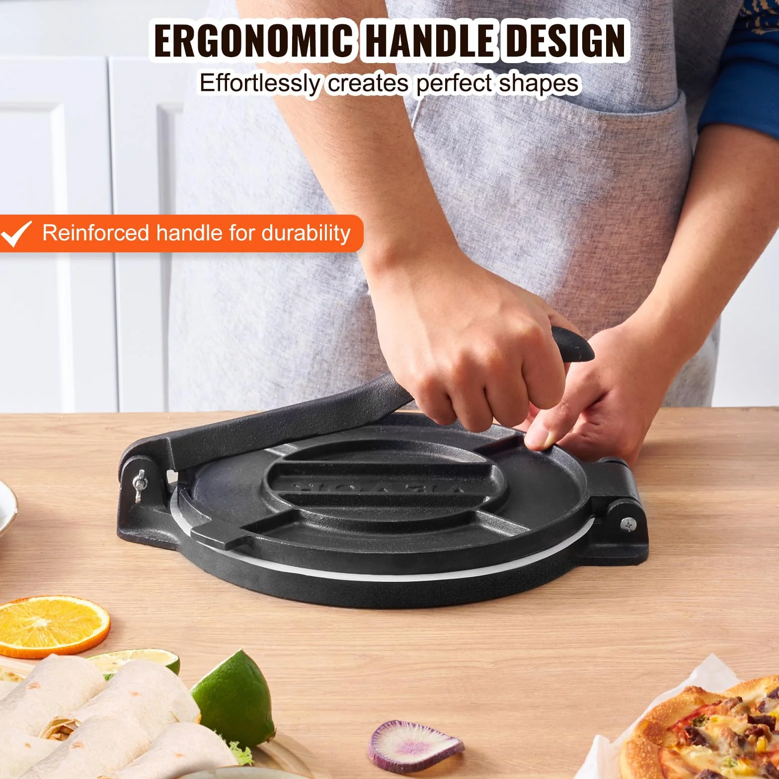 VEVOR Pressa Manuale per Tortilla, Pressa per Taco Diametro 25 cm, Pressa per Tortilla Piadine in Ghisa, Pressa Manuale per Tortilla con 100 Pezzi di Carta da Forno, Macchina per Impasto di Tortilla