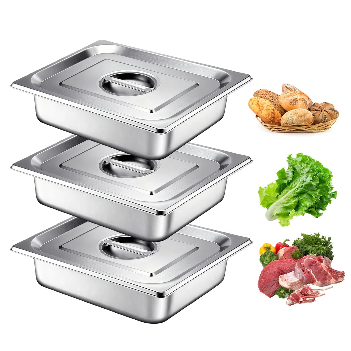 Set di 3 ciotole per il panierstrasse rettangolare, contenitore per il gas in acciaio inox con coperchio, contenitore Gn con coperchio, 32,5 × 26,5 × 6,5 cm per braciole, cotolette, carne, pesce