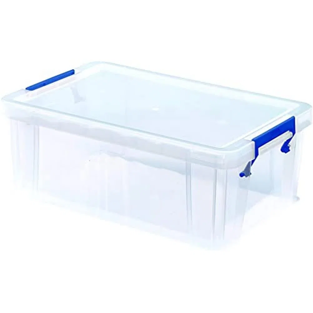 Bankers Box Prostore scatola porta oggetti in plastica con coperchio, 10 litri, impilabile, scatole per armadio super resistenti, dimensioni 14x34x21.5 cm, contenitori plastica trasparente, 1 pezzo