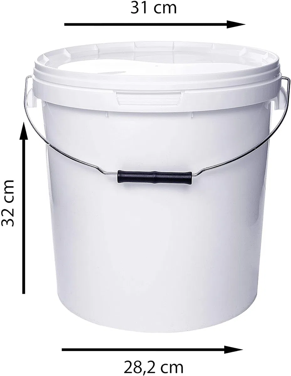 4 secchi da 20 litri, con coperchio, di colore bianco traffico, simile al codice RAL 9016 per alimenti