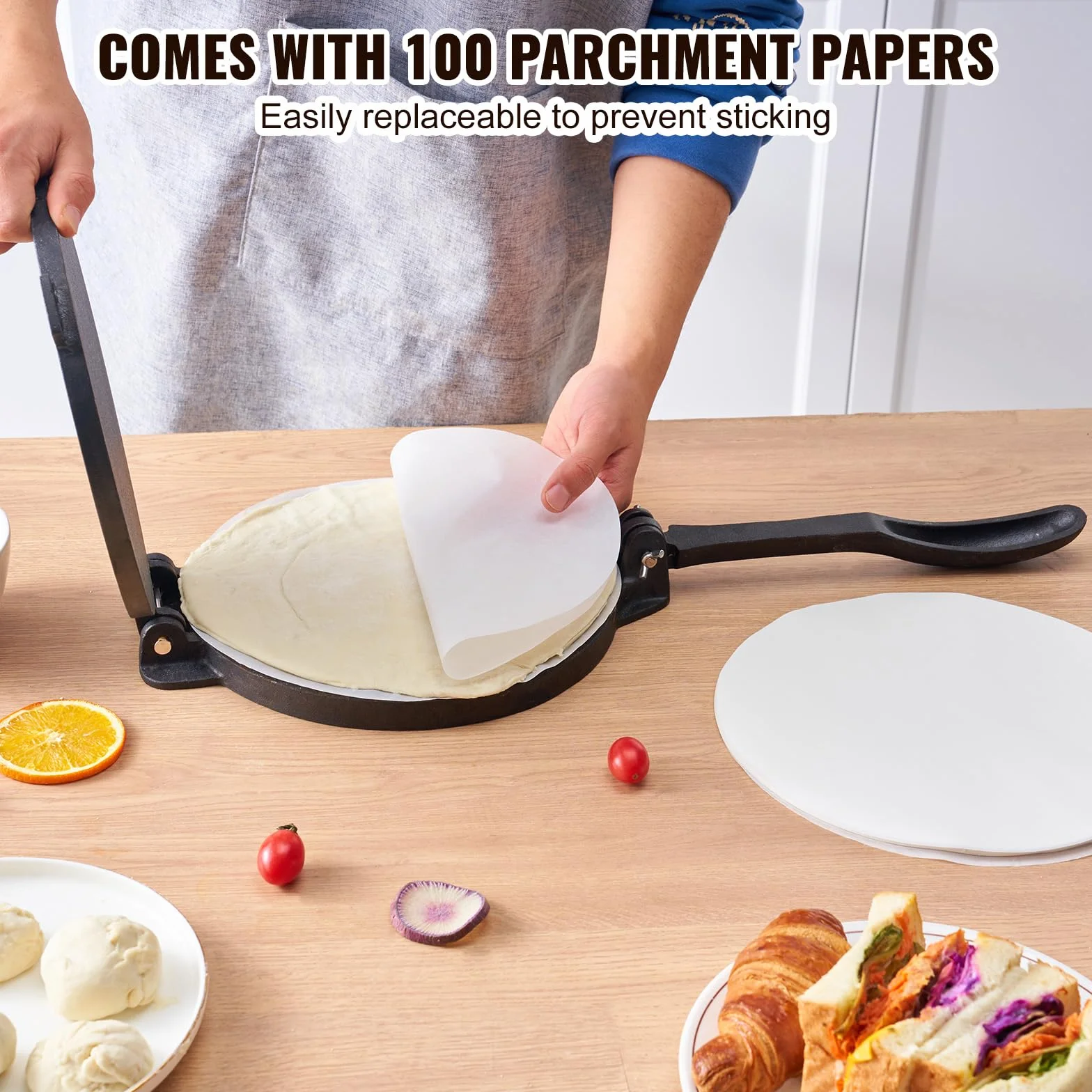 VEVOR Pressa Manuale per Tortilla, Pressa per Taco Diametro 25 cm, Pressa per Tortilla Piadine in Ghisa, Pressa Manuale per Tortilla con 100 Pezzi di Carta da Forno, Macchina per Impasto di Tortilla