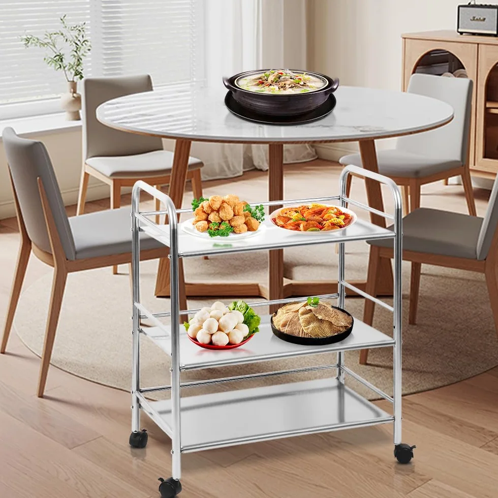 OHMG Carrello di servizio per cucina con ruote, 3 vassoi, in acciaio inox, per dessert, cucina, scaffali di stoccaggio, carrello di servizio ristorante (61 x 36 x 75 cm)