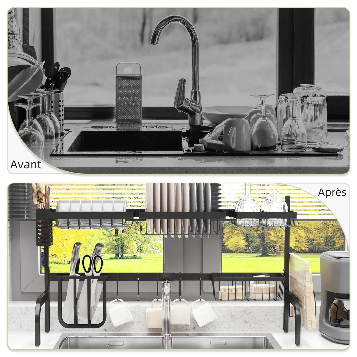 HOMCOM Scolapiatti sopra Il lavandino, essiccatore a 2 Livelli, Larghezza Regolabile da 51 a 93 cm, modulabili in Acciaio, Nero