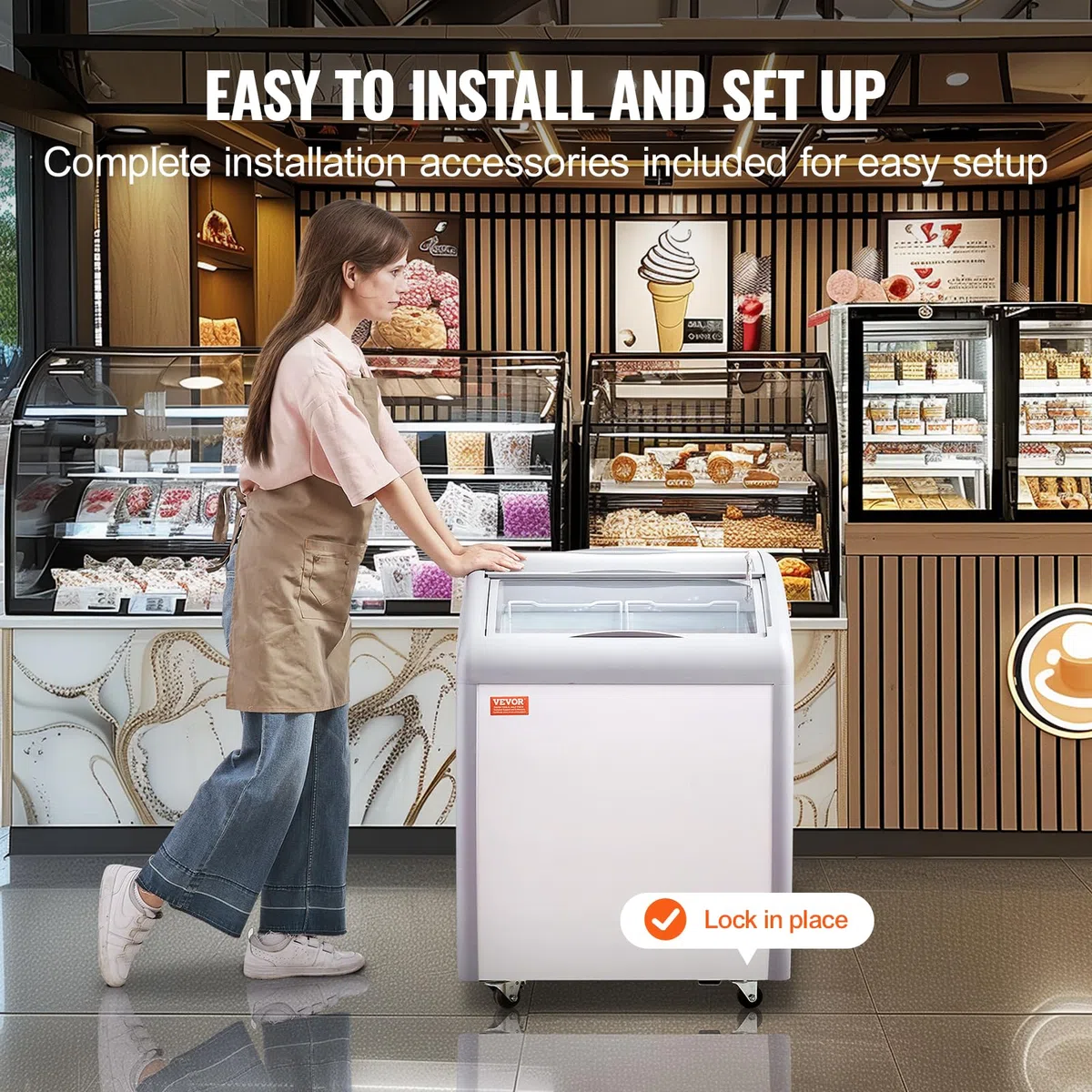 VEVOR Vetrina per Gelato Commerciale 665 x 705 x 875 mm Congelatore Mobile 154 L Vetrina per Gelateria con Piano Vetro, 2 Cestelli Metallici, 2 Porte Scorrevoli in Vetro, Ruote di Bloccaggio, Bianco